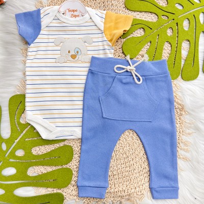 Conj. Body Manga Curta Listrado Cachorrinho e Calça - Azul Bic e Mostarda com Off White